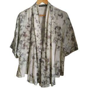 GIANFRANCO FERRÉ Abstract Print Grey Oversized Open Front Silk Blouse Large